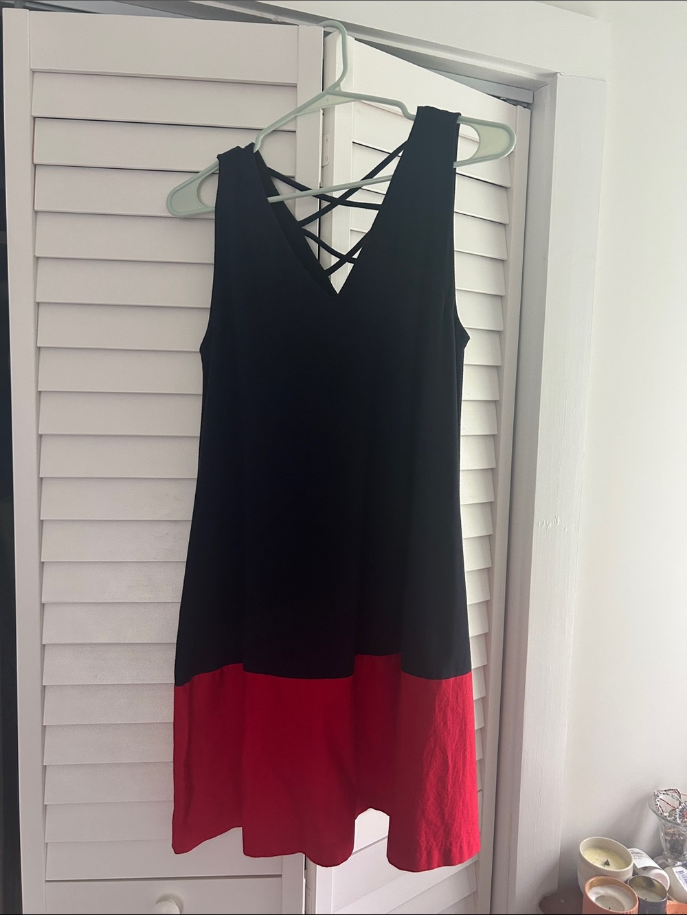 LOFT Black and Red Sleeveless Mini Dress with Crisscross Back
